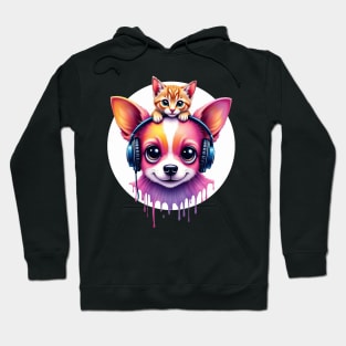 Cute dog with headphones and a cute cat on his head for both cat and dog lovers Hoodie